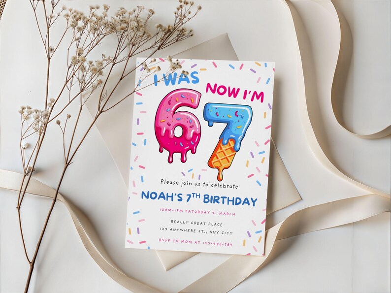 May include: A birthday invitation with the text "I WAS 6, NOW I'M 7". The numbers are designed as donuts and an ice cream cone. The invitation includes the text "Noah's 7th Birthday" and event details.
