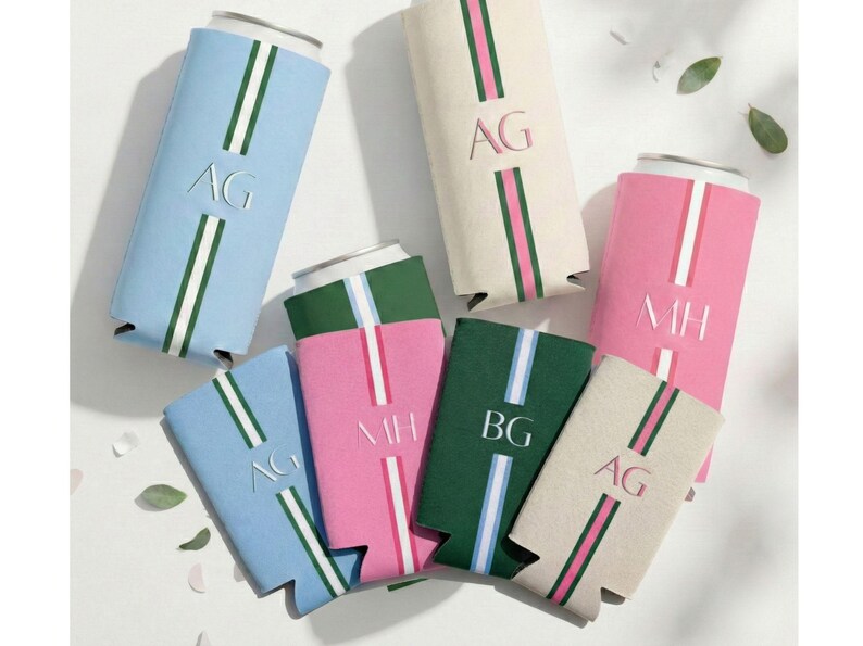 This personalized can cooler is ideal for bridesmaids and bridal party members. The custom initials create a coordinated and thoughtful group look. A practical favor guests will reuse long after the event. This personalized cozie is designed for shoppers wanting initials or names added. Perfect for custom bach favors or bridesmaid gift ideas. A keepsake that feels personal and stylish.