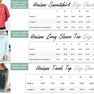 May include: Size chart for unisex sweatshirts, long sleeve tees, and tank tops. The chart shows measurements in inches for width, length, and sleeve length from center back. The fabric is 80% cotton and 20% polyester for the sweatshirt, and 100% cotton for the long sleeve tee and tank top.