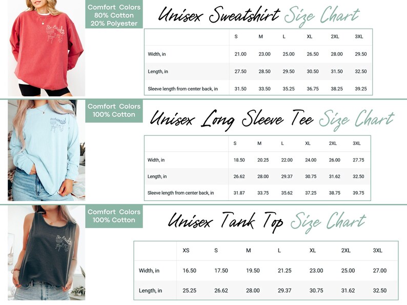 May include: Size chart for unisex sweatshirts, long sleeve tees, and tank tops. The chart shows measurements in inches for width, length, and sleeve length from center back. The fabric is 80% cotton and 20% polyester for the sweatshirt, and 100% cotton for the long sleeve tee and tank top.