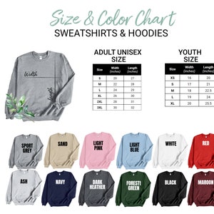 May include: Size and color chart for sweatshirts and hoodies. The chart shows the width and length measurements in inches for adult unisex and youth sizes. The chart also shows 12 different color options for the sweatshirts and hoodies, including sport grey, sand, light pink, light blue, white, red, ash, navy, dark heather, forest green, black, and maroon.