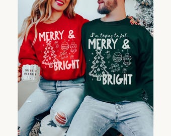 Merry & Bright Funny Couple Christmas Matching Sweatshirt, Husband Wife Holiday Crewneck, Boyfriend Girlfriend Xmas Couple Sweater