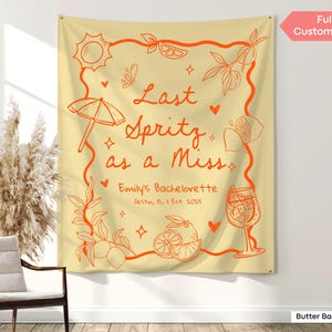 bachelorette banner with bold script and Aperol spritz glass designs, crafted for beach house décor, backyard parties, or destination bachelorette trips.