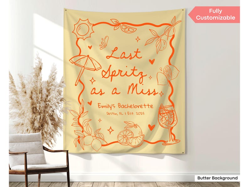 bachelorette banner with bold script and Aperol spritz glass designs, crafted for beach house décor, backyard parties, or destination bachelorette trips.