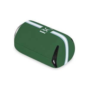 May include: Green can cooler with white and light blue stripes. The cooler has the letters "BG" in white. The can cooler is designed to keep beverages cold and is made of a neoprene material.