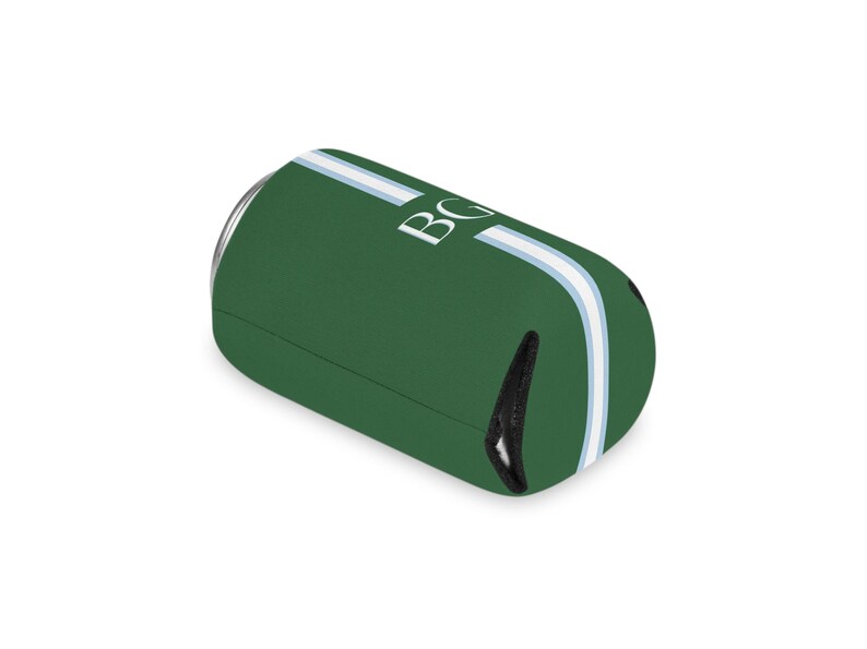 May include: Green can cooler with white and light blue stripes. The cooler has the letters "BG" in white. The can cooler is designed to keep beverages cold and is made of a neoprene material.
