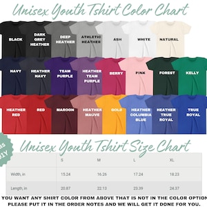 The image is a color chart for unisex youth t-shirts, displaying various color options and corresponding sizes.