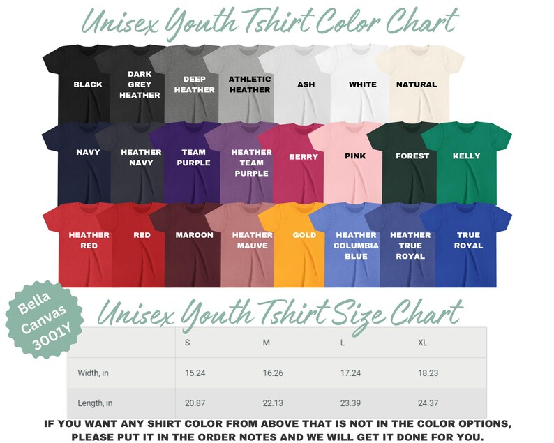 The image is a color chart for unisex youth t-shirts, displaying various color options and corresponding sizes.