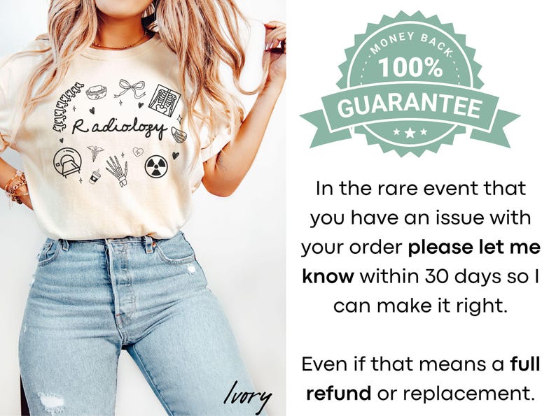May include: A white t-shirt with a black graphic design of medical symbols and the word "Radiology". The shirt is being worn by a person with light brown hair and blue jeans. The text "Ivory" is written in the bottom right corner of the image.
