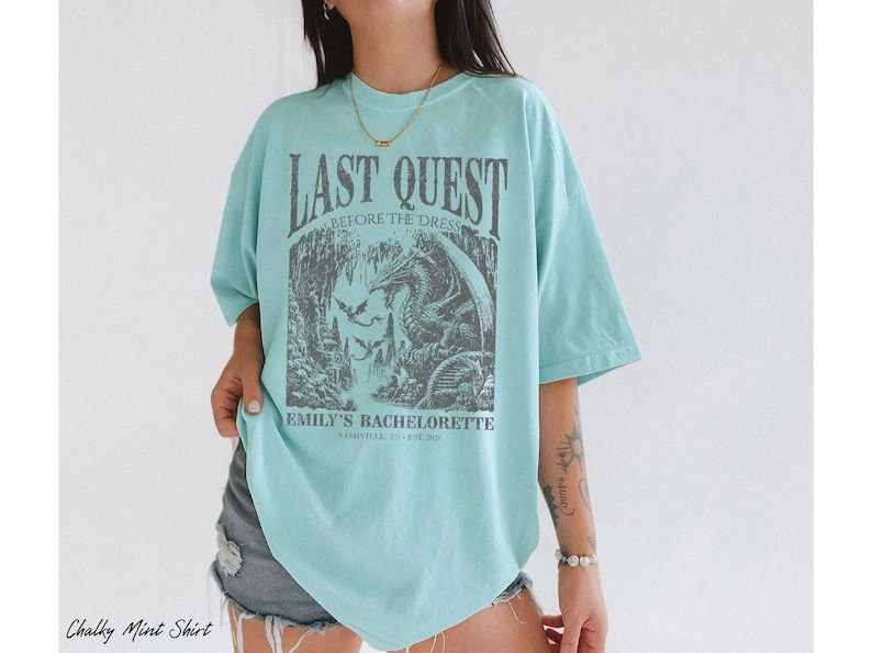 Custom Medieval Bachelorette Shirt Comfort Colors®, Personalized Last Quest Fantasy Dragon Bach Party Castlecore Ren Faire Bookish Bride Tee Chalky Mint