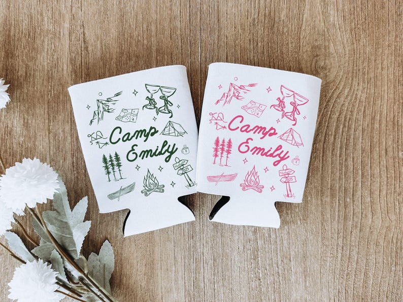 Designed for adventurous brides, these Camp Bride drink sleeves are a must-have for a mountain, lake, or hiking-inspired bachelorette getaway.
