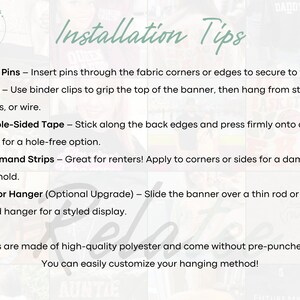 a list of installation tips for hanging banners, including instructions on how to properly install push pins, clips, double-sided tape, command strips, and rod or hanger upgrades.