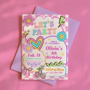 Peut inclure: Une invitation d'anniversaire colorée avec un design rétro. L'invitation présente le texte "LET'S PARTY" et "Olivia's 8th Birthday". Elle comprend une date, une heure et un lieu, ainsi qu'une demande de RSVP. Le design intègre des fleurs, des cœurs et un motif à carreaux.