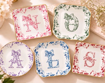 Personalized Initial Jewelry Dish, Floral Monogram Ring Dish, Custom Trinket Tray, Wedding Bridesmaid Proposal, Bestie Birthday Gift for Her