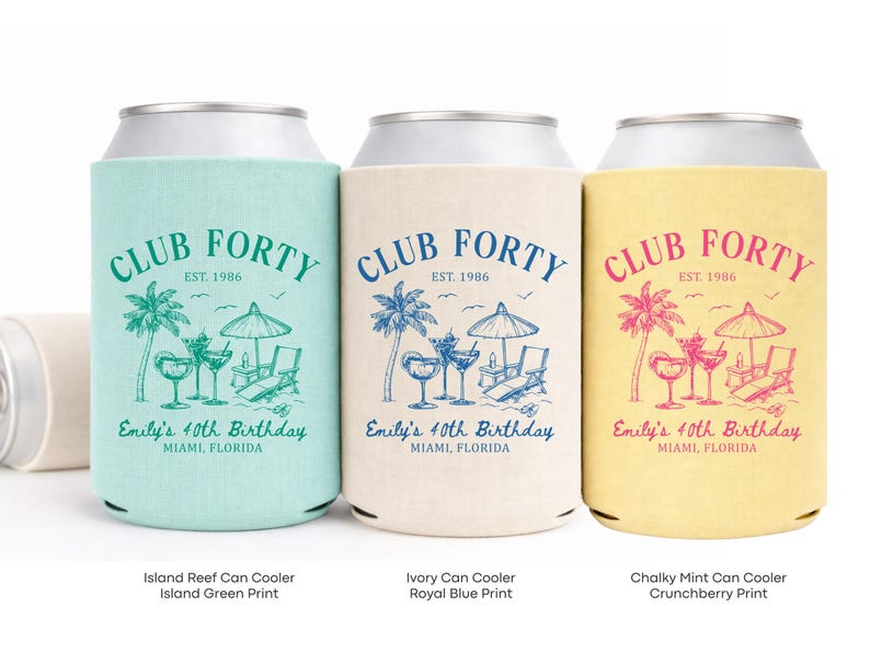Three colorful can coolers with the text "Club Forty" printed on them, each representing a different color: teal, beige, and yellow.