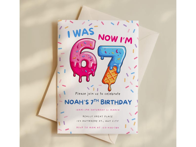 Editable 6 7 meme birthday invitation with ice cream theme. A funny digital Canva template for 7th birthday parties, perfect for tween boys and girls.