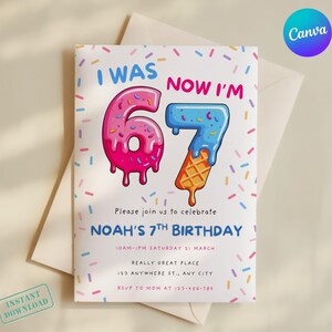 May include: A birthday invitation card with the text "I WAS 6, NOW I'M 7". The numbers are designed as ice cream cones. The card also includes the text "Noah's 7th Birthday" and event details.