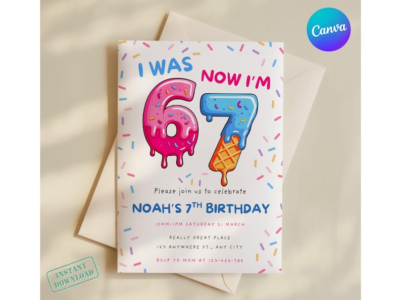 May include: A birthday invitation card with the text "I WAS 6, NOW I'M 7". The numbers are designed as ice cream cones. The card also includes the text "Noah's 7th Birthday" and event details.