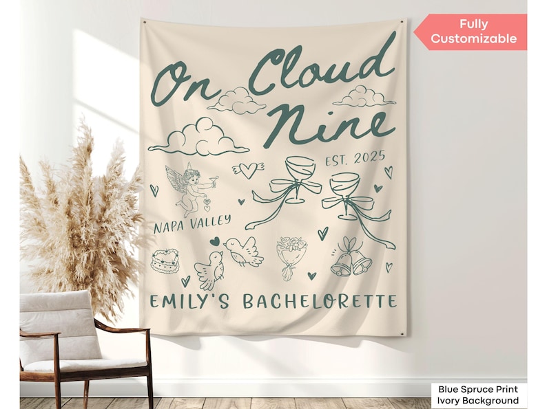 Bride photo backdrop for wine bachelorette events, featuring Cloud Nine Club styling and a relaxed, romantic tone.