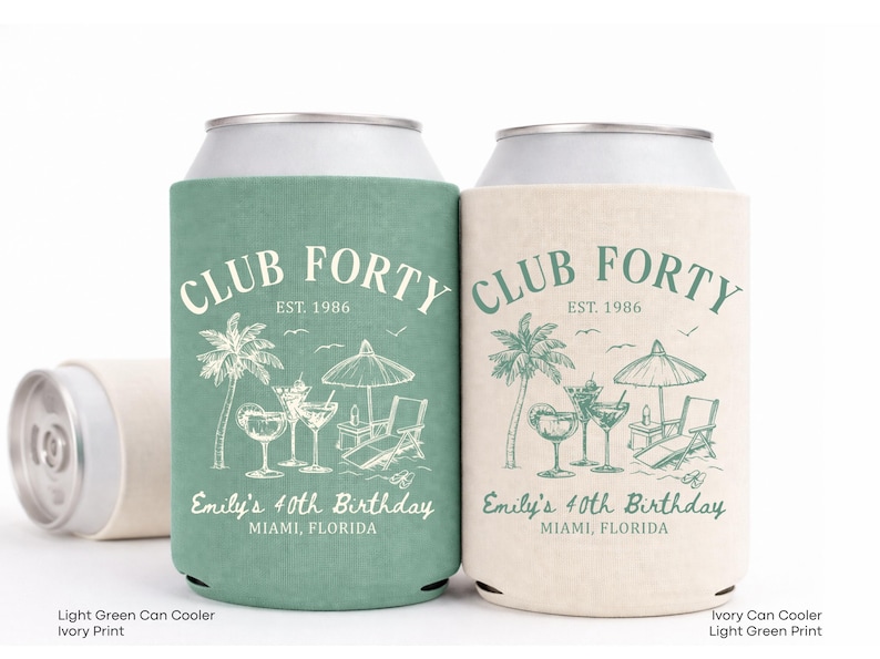 Two green and beige Club Forty themed beverage coolers, each with a palm tree and beach umbrella design, and the text "Club Forty" and "Est. 1986" printed on them.