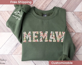 Custom Memaw Sweatshirt with Kid Name on Sleeve, Floral Memaw Crewneck, Personalized Grandma Christmas Sweatshirt For Memaw Sweater