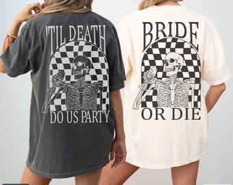 Hasta que la muerte nos separe de la fiesta de despedida de soltera o morir Camiseta divertida para despedida de soltera Recuerdos de boda de Halloween Camiseta a juego para despedida de soltera de bruja