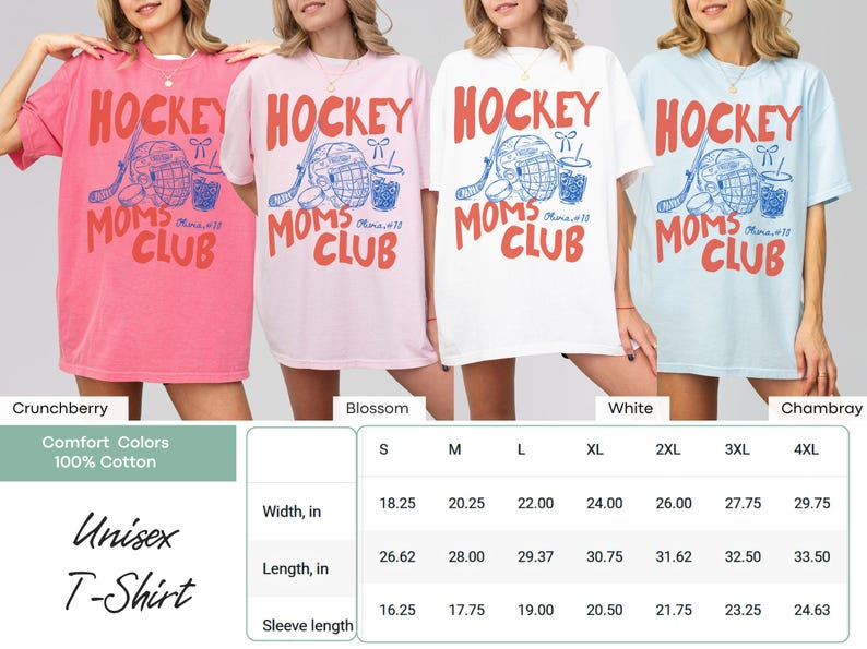May include: Four unisex t-shirts in shades of pink, white, and blue, each featuring the text "HOCKEY MOMS CLUB" with a hockey stick, helmet, and drink graphic. The shirts are available in sizes S-4XL.