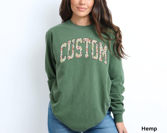 Custom Long Sleeve Shirt, Personalized Text Design TShirt, Adult Unisex Comfort Colors Long Sleeve T-Shirt, Custom Floral College Letter Tee