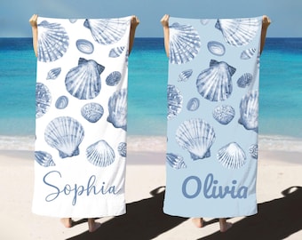 Telo mare personalizzato con nome a forma di conchiglia, ideale per addio al nubilato, piscina, compleanno, bambini, viaggio tra ragazze, regalo per damigella d'onore o matrimonio.