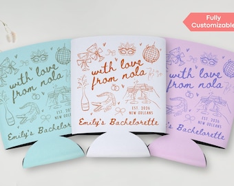 New Orleans Bachelorette Can Cooler Decor, Personalized With Love From Nola Bridal Party Slim Can Holder, Mardi Gras Bach Drink Sleeve Favor