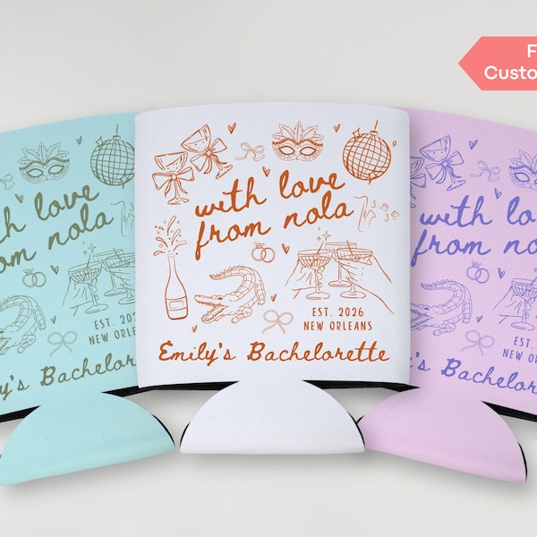 New Orleans Bachelorette Can Cooler Decor, Personalized With Love From Nola Bridal Party Slim Can Holder, Mardi Gras Bach Drink Sleeve Favor