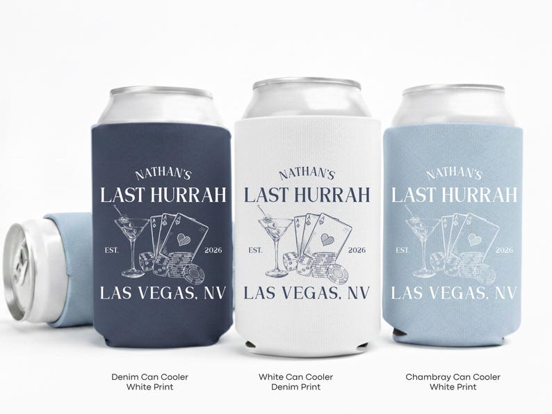 Three personalized beer can coolers with the text "NATHAN'S LAST HURRRAH" printed on them.