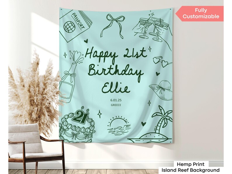 Custom beach birthday banner designed for 21st, 30th, or 40th birthday celebrations, perfect for personalized milestone party decor.