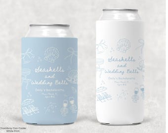 Seashells and Wedding Bells Bachelorette Can Coolers Custom Beach Bachelorette Party Slim Can Holders Personalized Coastal Bach Drink Sleeve