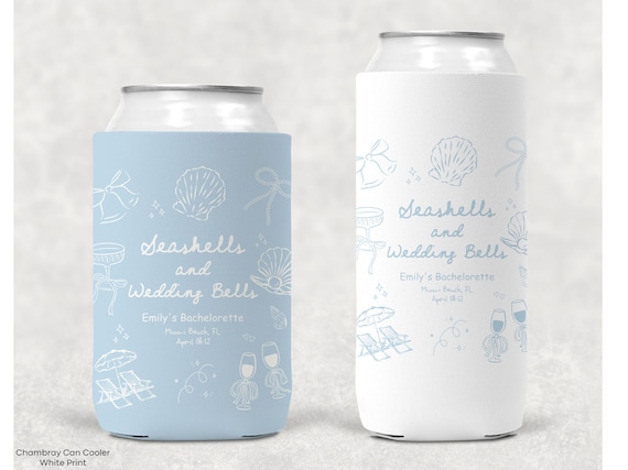 Seashells and Wedding Bells Bachelorette Can Coolers Custom Beach Bachelorette Party Slim Can Holders Personalized Coastal Bach Drink Sleeve