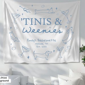Dachshund bachelorette tapestry for beach bachelorettes, wiener dog bridal events, or Tinis-themed girls weekend decorations.