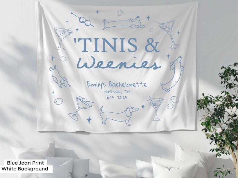 Dachshund bachelorette tapestry for beach bachelorettes, wiener dog bridal events, or Tinis-themed girls weekend decorations.