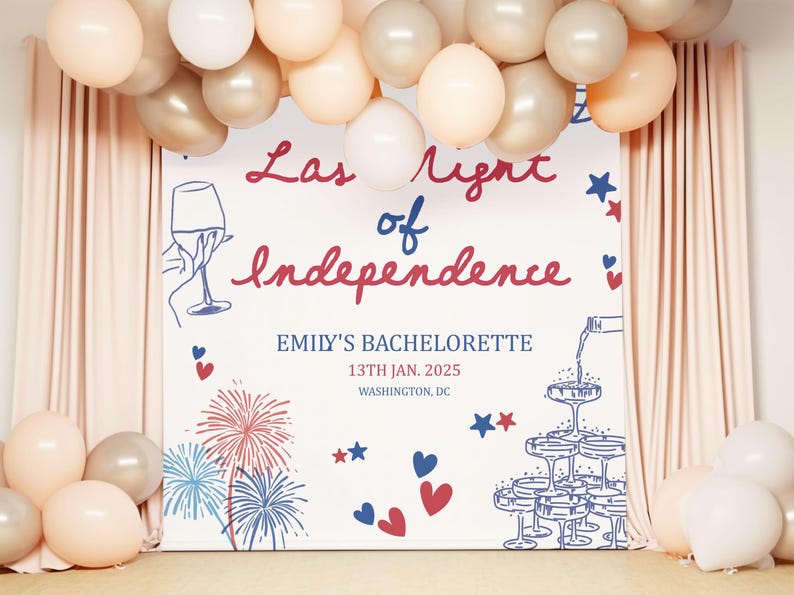 Fourth of July bachelorette backdrop with Let Freedom Ring vibe, perfect for beach houses, cabins, or backyard parties. Independence-themed bridal shower sign with festive text and custom details, great for red, white, blue parties.