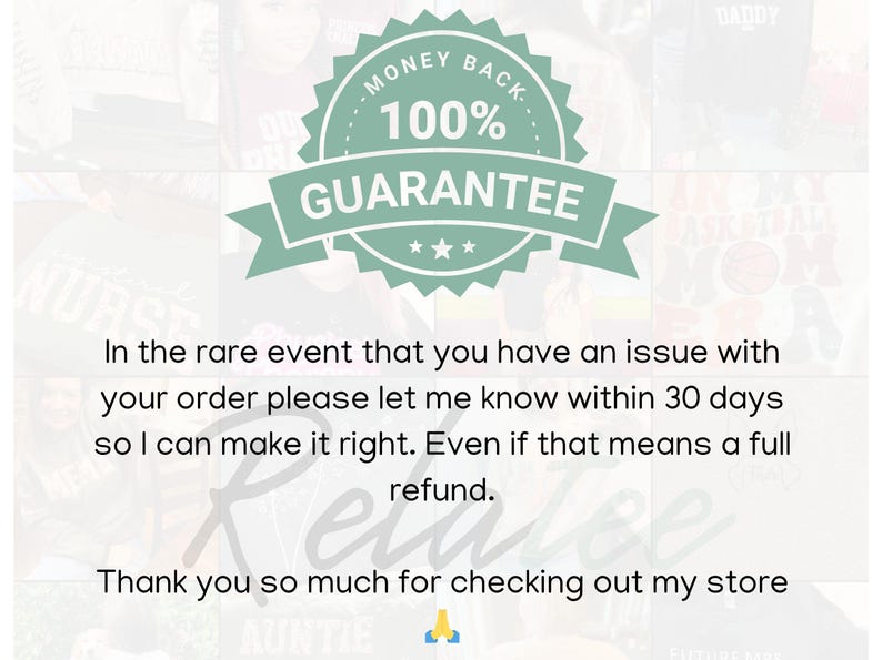 a message from a store owner to a customer, stating that they will make a full refund within 30 days if the customer has an issue with their order. The store owner thanks the customer for their business and mentions that they appreciate their support.