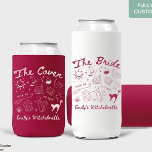 Gothic bridal party favor can cooler with witch vibes, perfect for bridesmaids on a moody October weekend.