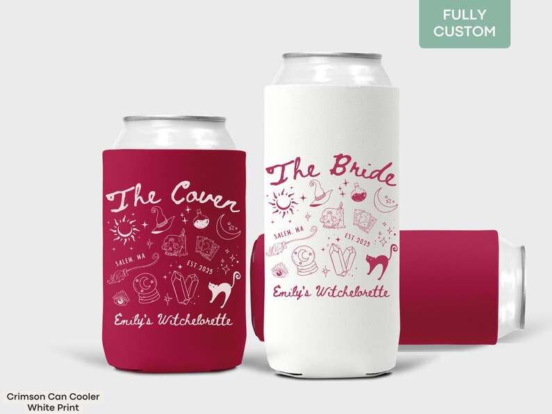Gothic bridal party favor can cooler with witch vibes, perfect for bridesmaids on a moody October weekend.