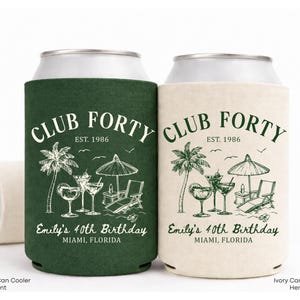 Two green and white Club Forty can coolers, each with a design of palm trees, umbrellas, and a birthday cake, representing a birthday celebration.