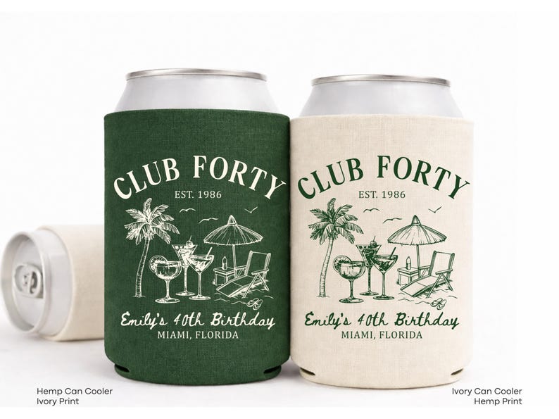 Two green and white Club Forty can coolers, each with a design of palm trees, umbrellas, and a birthday cake, representing a birthday celebration.