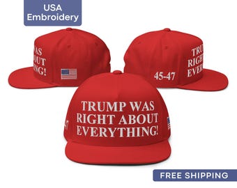 Boné bordado "Trump estava certo sobre tudo" MAGA 45-47 com aba reta e fecho de pressão.