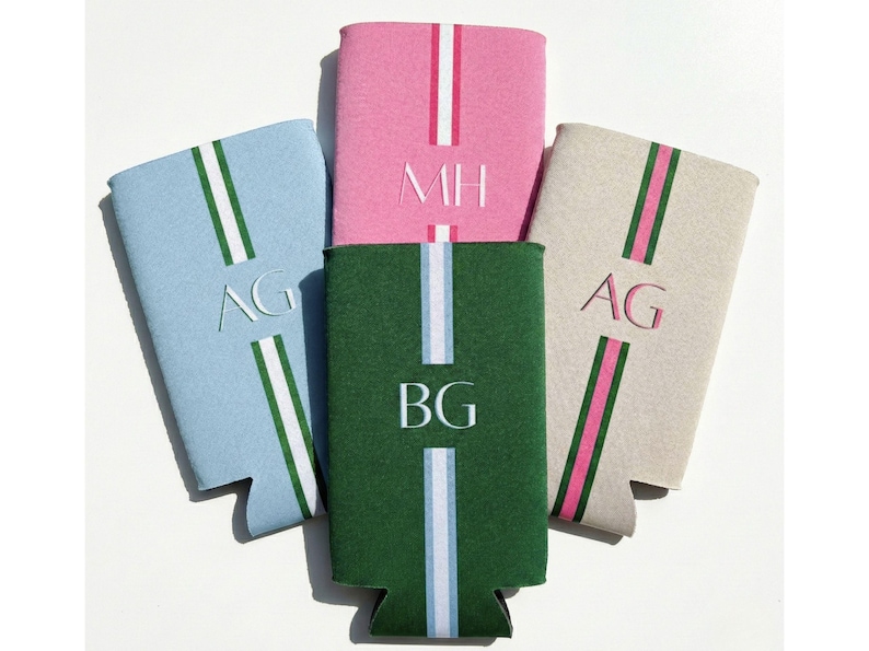 This monogrammed slim can cooler features elegant initials in a grandmillennial style. Perfect for a coastal bachelorette celebration by the beach. A chic drink accessory for relaxed seaside weekends.