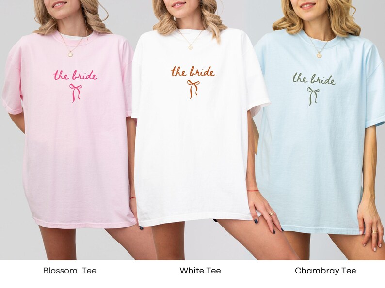 Wedding party shirts shown as a full set with custom roles for each member. Designed to bring the bridal party together in a timeless coordinated style.