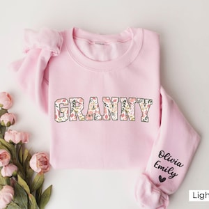 Personalized Granny Sweatshirt with Kid Name on Sleeve, Customized Granny Est Shirt Christmas Grandma Shirt Granny Mothers Day Gift image 14