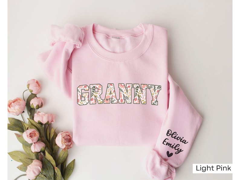 Personalized Granny Sweatshirt with Kid Name on Sleeve, Customized Granny Est Shirt Christmas Grandma Shirt Granny Mothers Day Gift image 14