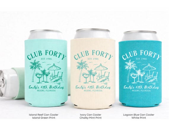 Club Forty Birthday Can Cooler, Personalized Beach Birthday Party Favor Custom 40th Birthday Decor 40th Bday Turning 40 Can Drink Sleeve