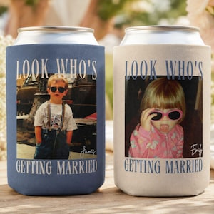 May include: Two foam can coolers, one blue and one cream, each featuring a childhood photograph of a person wearing sunglasses. The text "LOOK WHO'S GETTING MARRIED" is printed in blue above and below each photo, with the names "James" and "Emily" included.